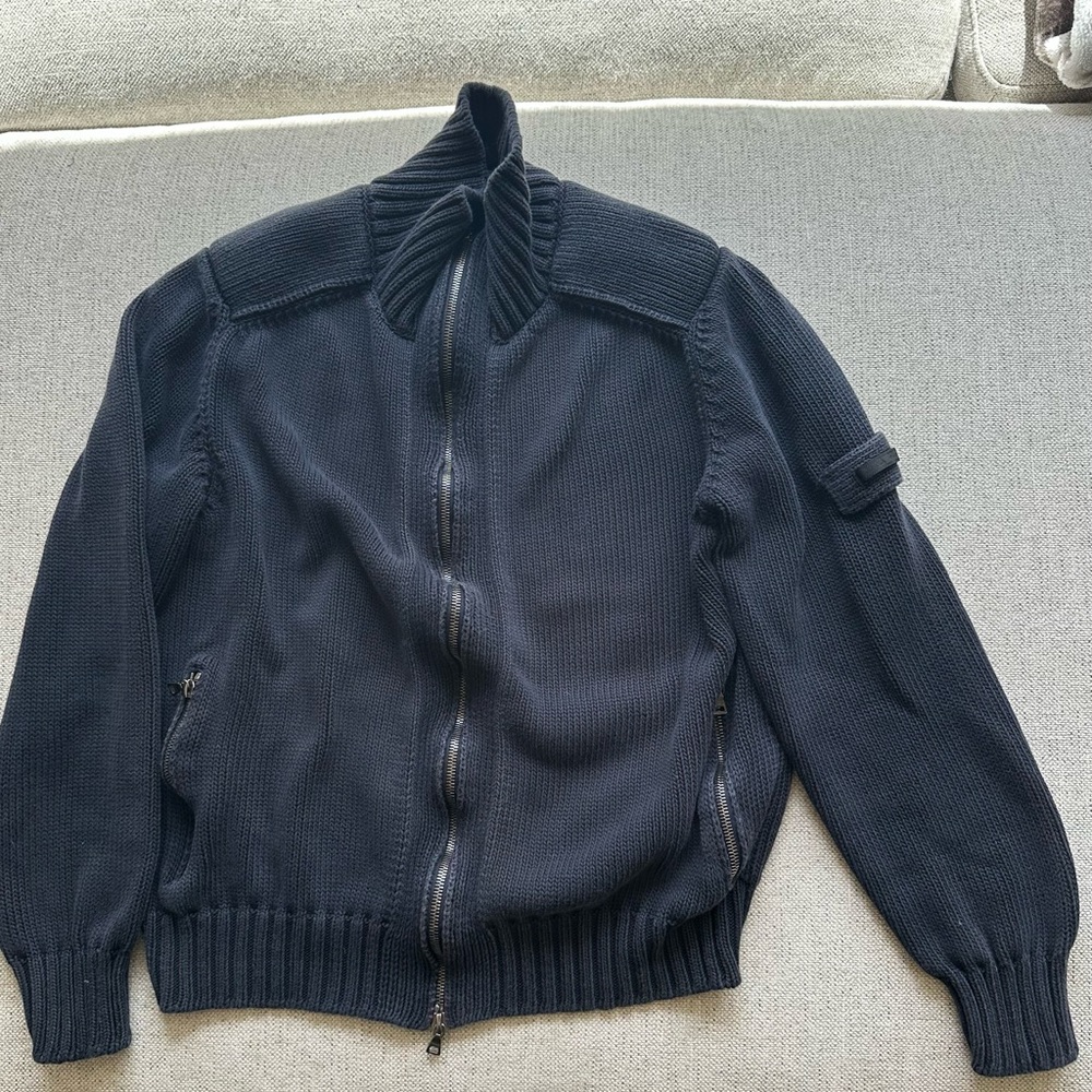 Prada Men's Navy Cotton Knit Full Zip Mock Neck Sweater Long Sleeve Size XS